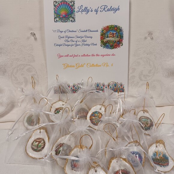 Glorious Gold #4 12 Days of Christmas Oyster Shell Ornaments + 2 Bonus Ornaments - Picture 1 of 12